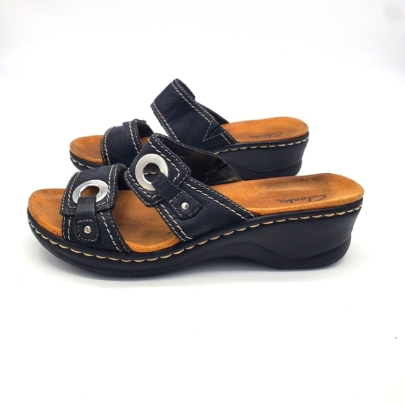 Clarks Shoes Women 7.5 W Sandal Lexi Willow Black 60391 Leather Bendables Slides - Picture 1 of 10